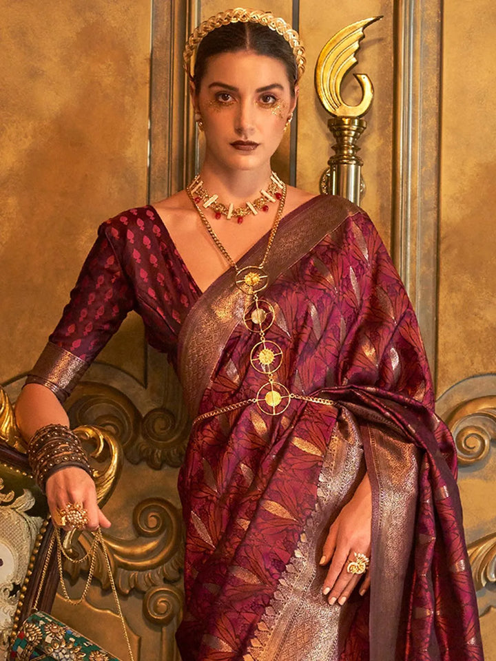 Dark Maroon Banarasi Satin Zari Work Saree - VJV Now