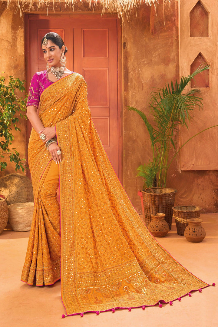 Dark Mustard Banarasi Silk Saree With Pure Kachhi Work, Diamond & Mirror Heaw Work - VJV Now