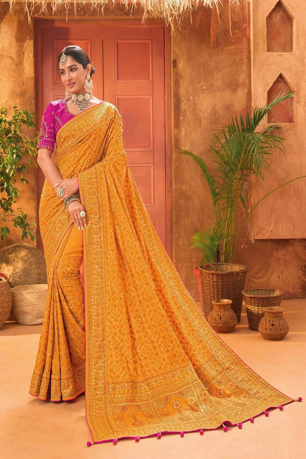 Dark Mustard Banarasi Silk Saree With Pure Kachhi Work, Diamond & Mirror Heaw Work - VJV Now