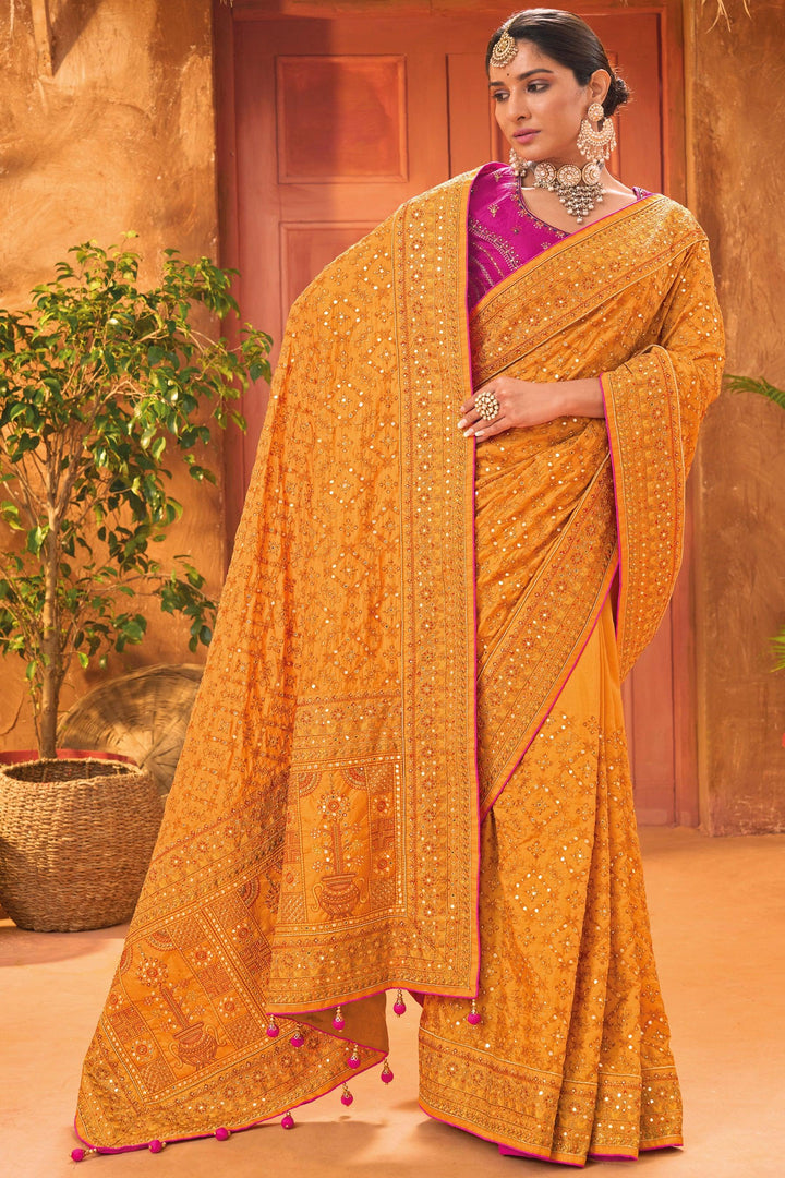 Dark Mustard Banarasi Silk Saree With Pure Kachhi Work, Diamond & Mirror Heaw Work - VJV Now