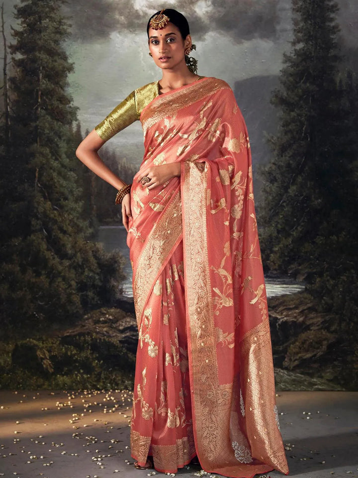 Dark Peach Zari Weaving Banarasi Organza Silk Saree - VJV Now