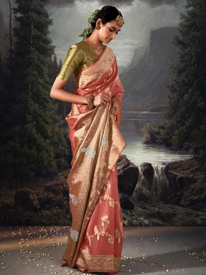 Dark Peach Zari Weaving Banarasi Organza Silk Saree - VJV Now