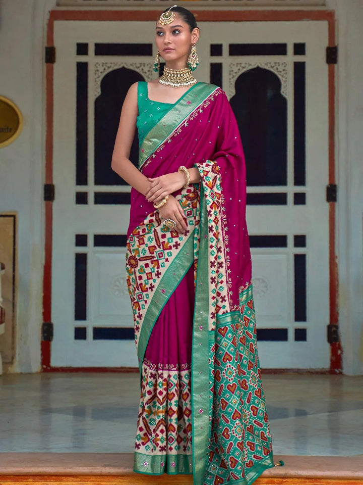 Dark Pink And Green Woven Patola Silk Saree - VJV Now