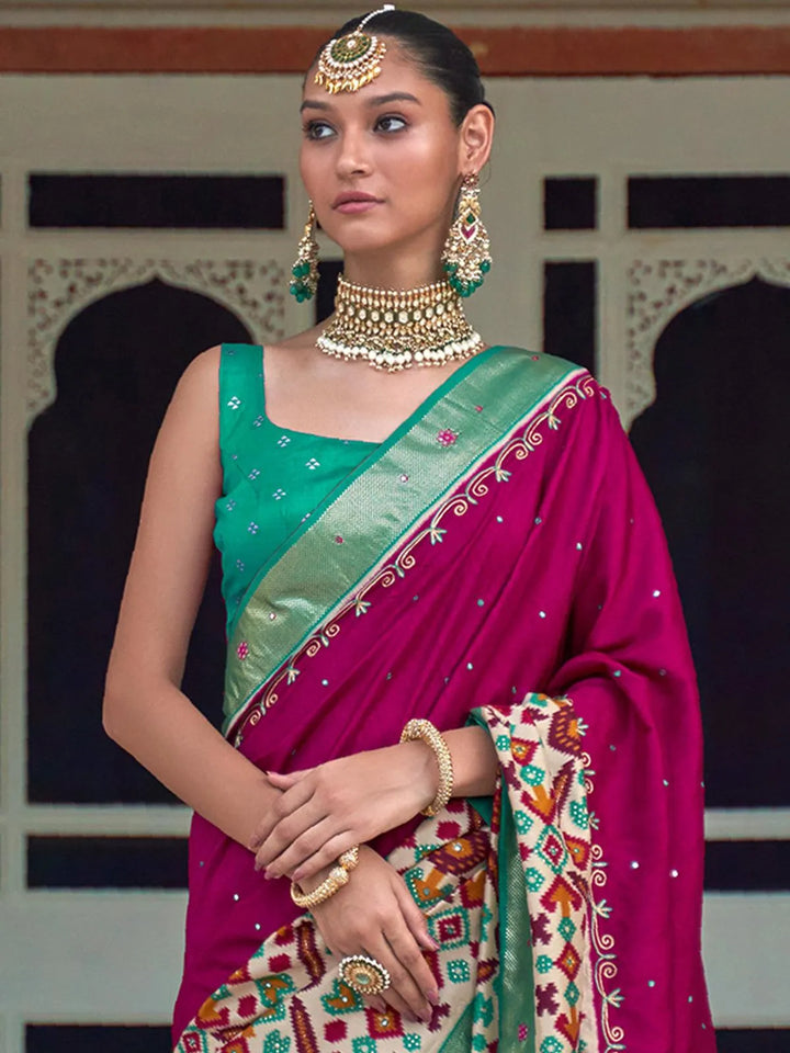 Dark Pink And Green Woven Patola Silk Saree - VJV Now