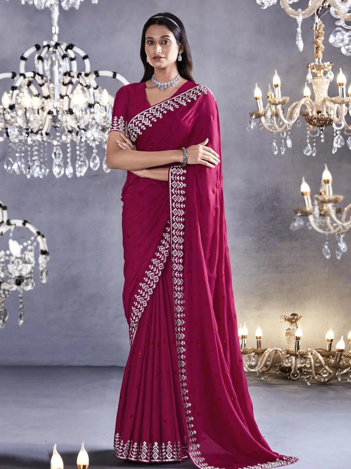 Dark Pink Art Silk Georgette Silver Embroidered Border Design Saree Party Wear - VJV Now