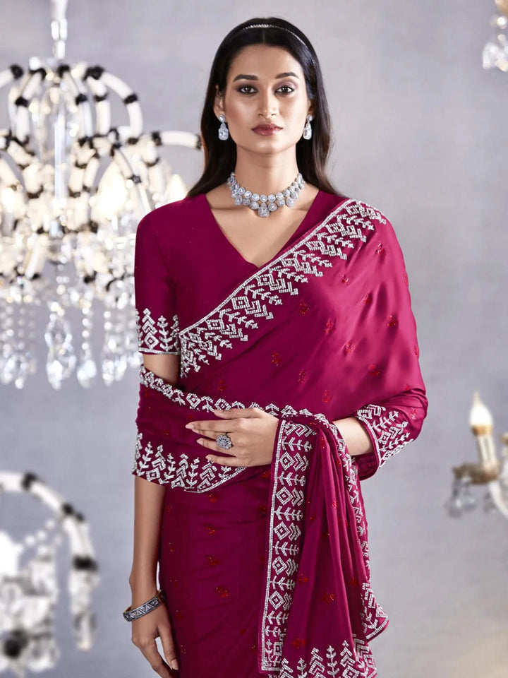 Dark Pink Art Silk Georgette Silver Embroidered Border Design Saree Party Wear - VJV Now