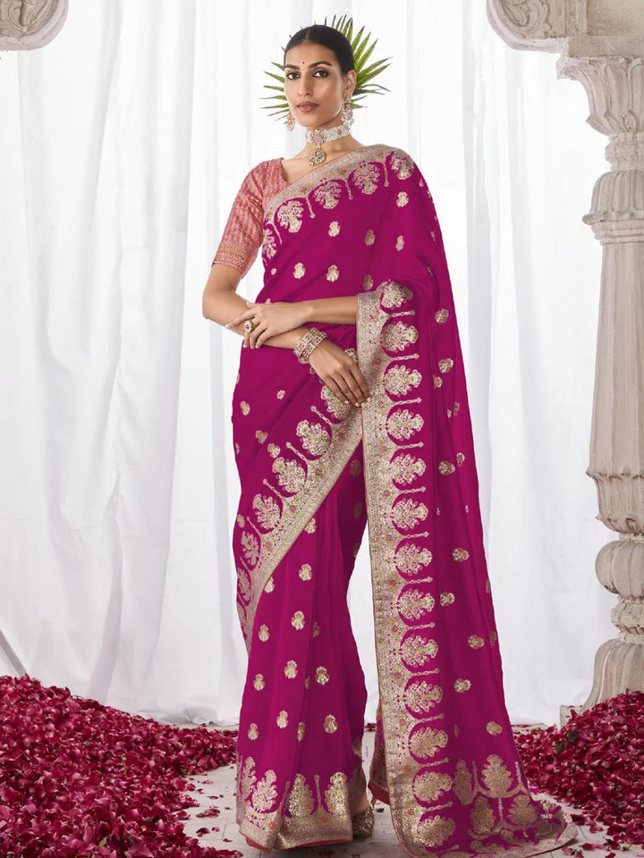 Dark Pink Woven Georgette Silk Saree Party Wear - VJV Now