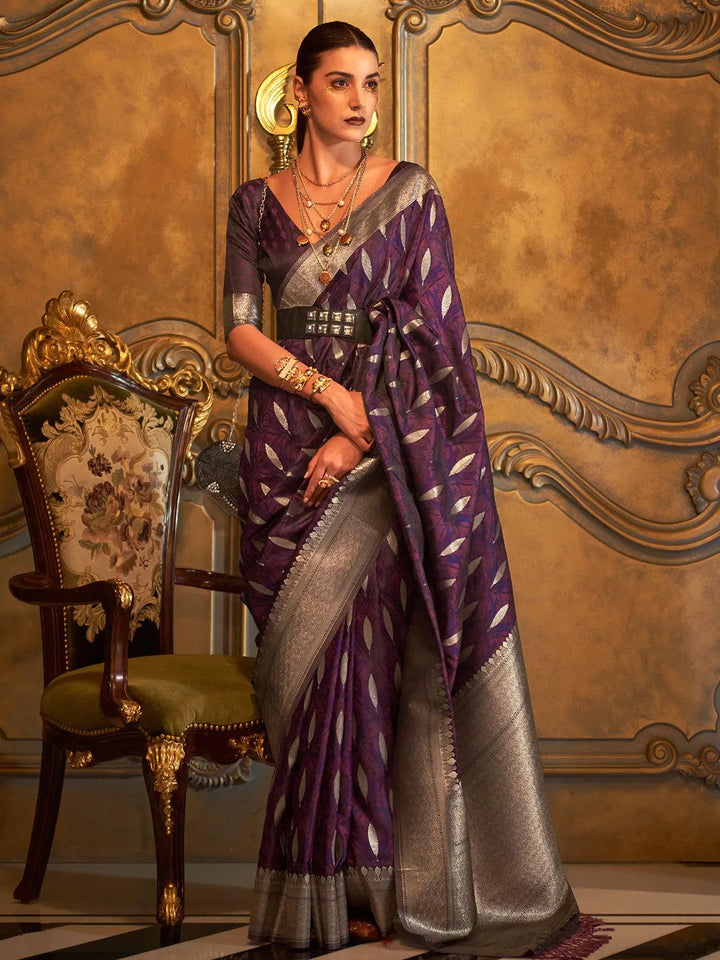 Dark purple Banarasi Satin Zari Work Saree - VJV Now