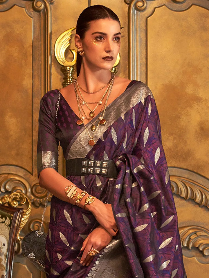 Dark purple Banarasi Satin Zari Work Saree - VJV Now