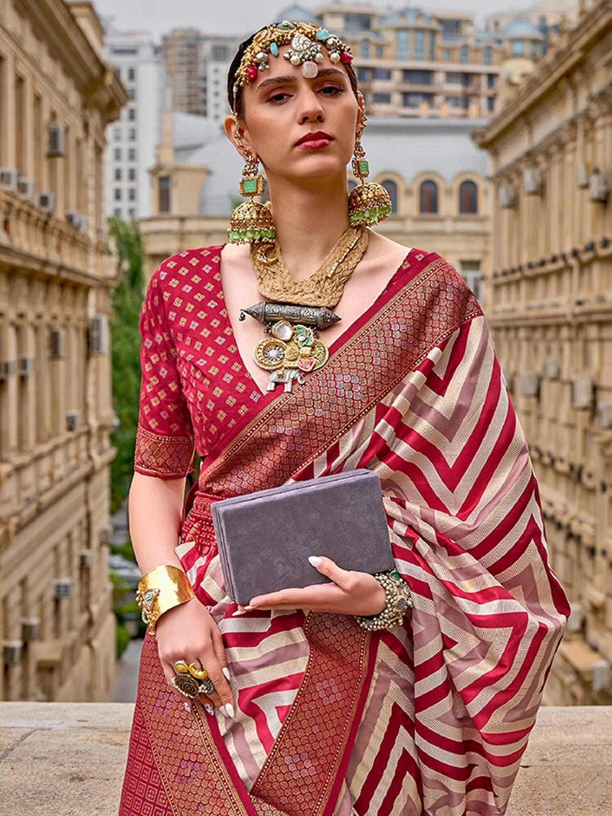 Vishal Prints Dark Red Patterned Chiffon Bandhani Print Saree With Fan