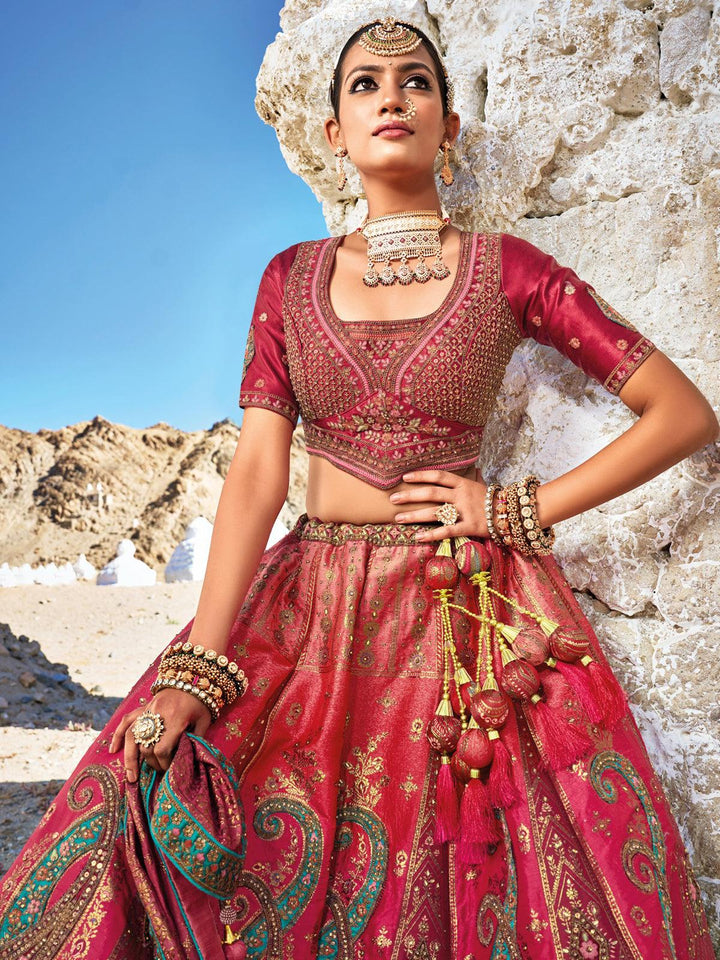 Deep Pink Banarasi Art Silk Jacquard Umbrella Lehenga Coli Wedding Wear - VJV Now