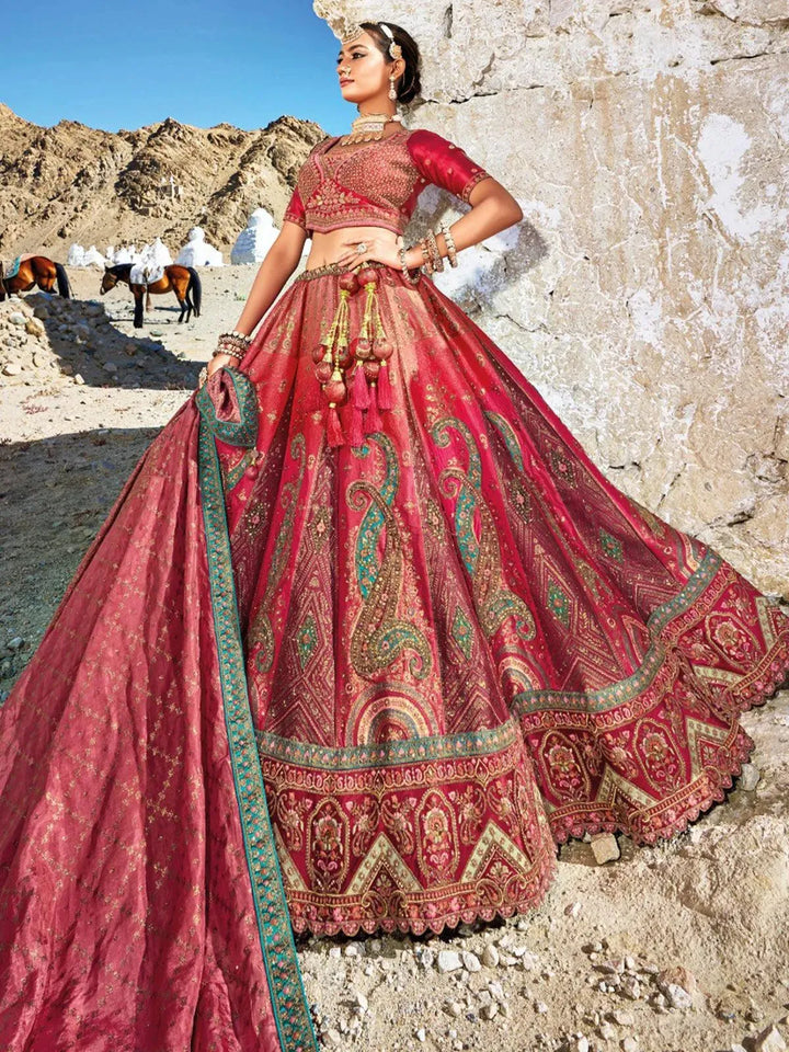 Deep Pink Banarasi Art Silk Jacquard Umbrella Lehenga Coli Wedding Wear - VJV Now