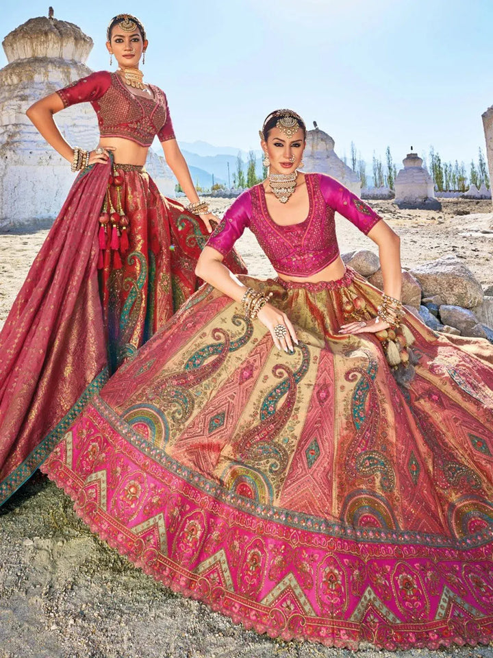 Deep Pink Banarasi Art Silk Jacquard Umbrella Lehenga Coli Wedding Wear - VJV Now