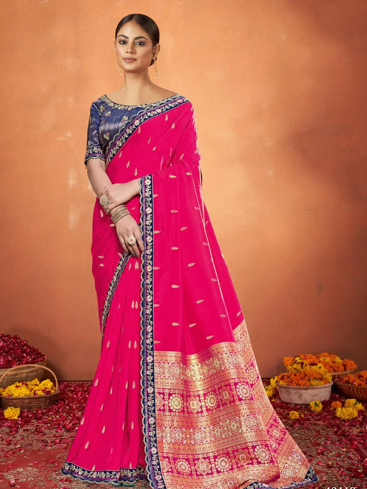 Deep Pink Kanjivaram Silk Zari Work Saree Festive Wear - VJV Now