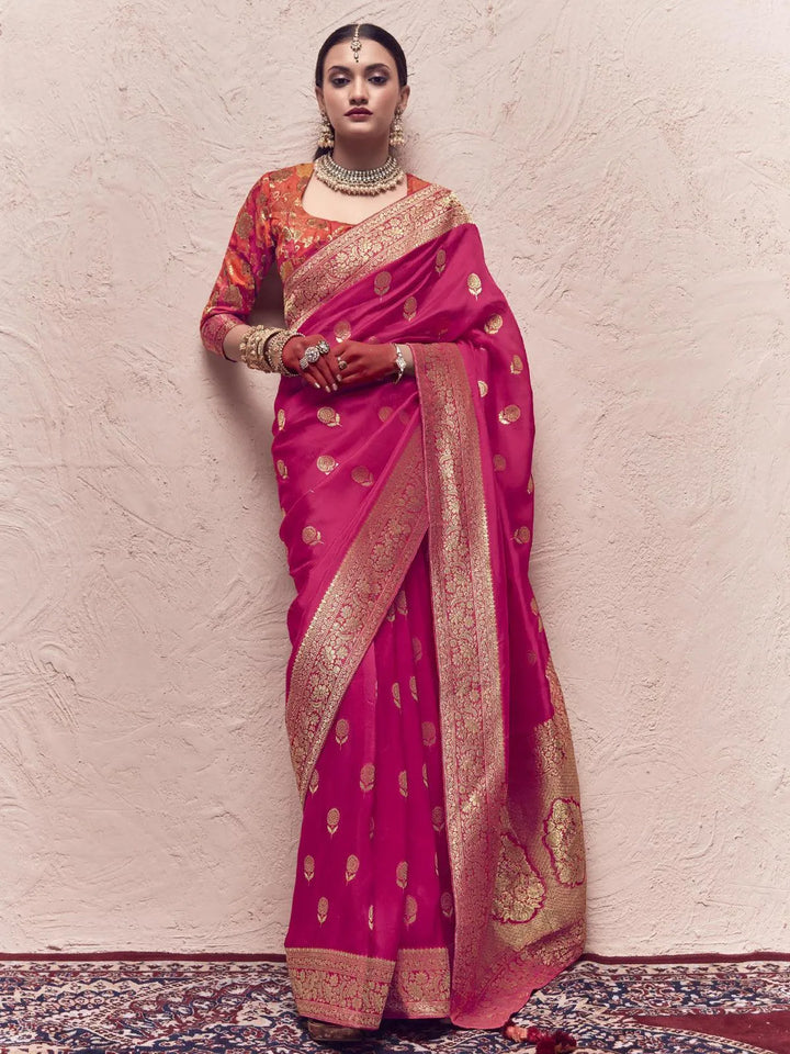 Deep Pink Woven Banarasi Art Silk Designer Saree - VJV Now