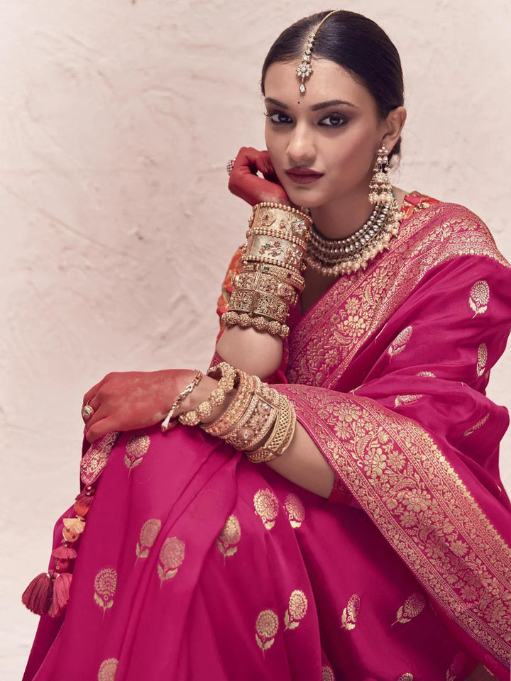 Deep Pink Woven Banarasi Art Silk Designer Saree - VJV Now