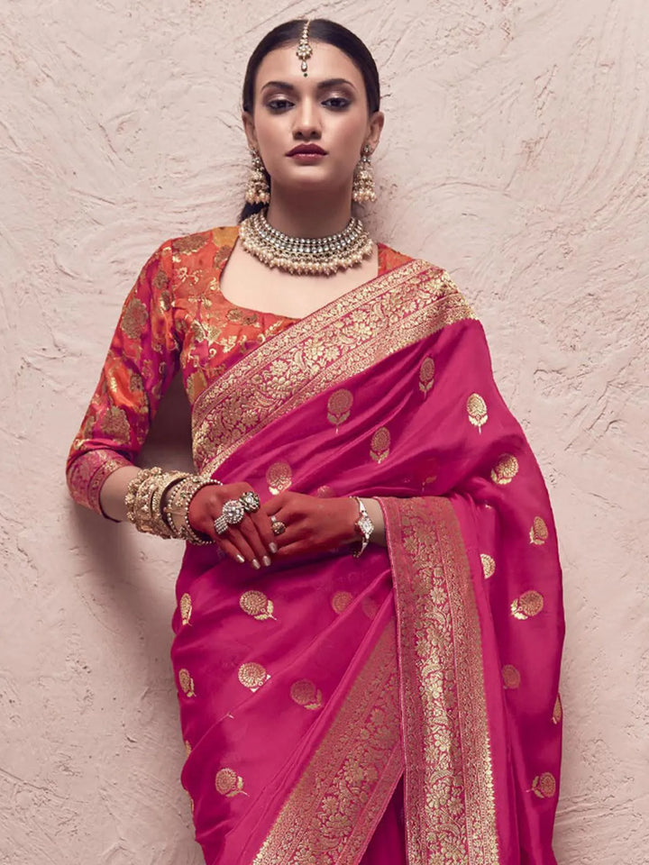 Deep Pink Woven Banarasi Art Silk Designer Saree - VJV Now