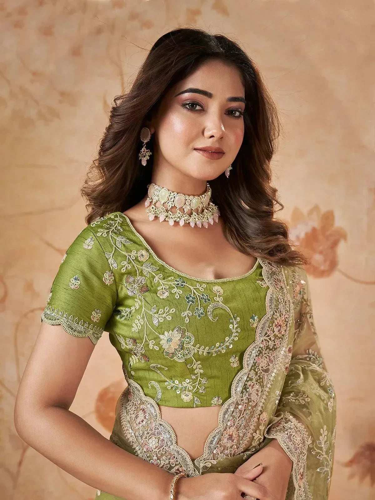 Designer Parrot Green Sequin Party Wear Net Silk Saree VJV Now