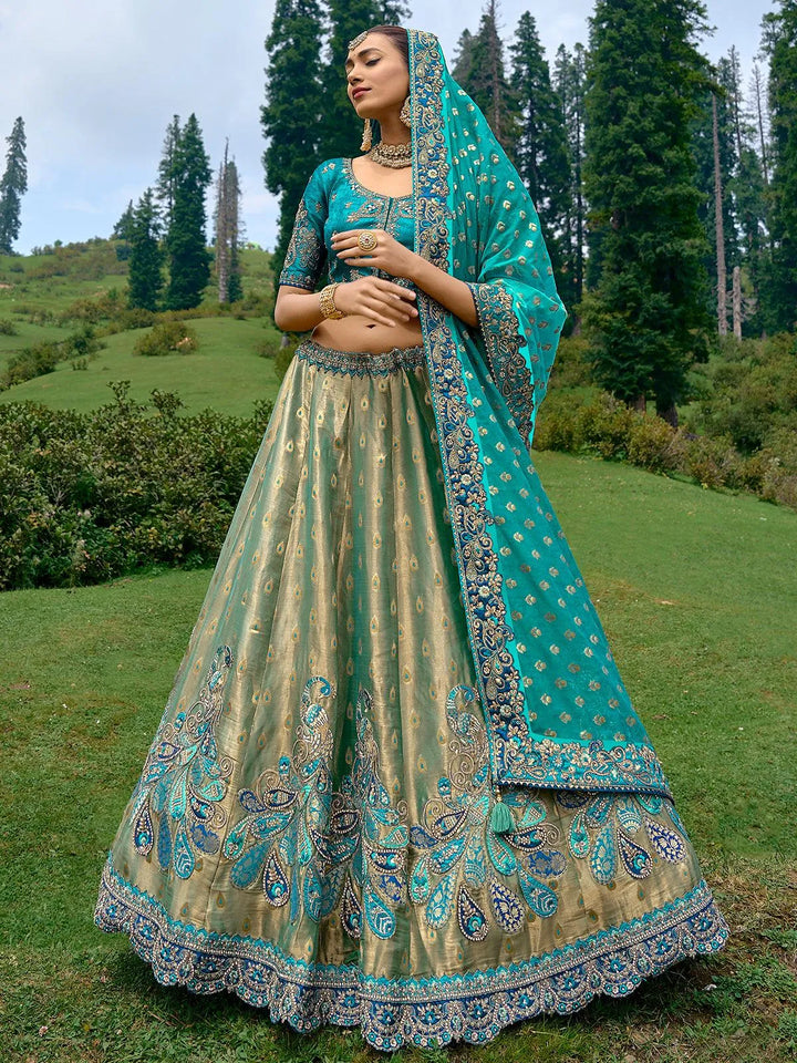 Designer Wear Beige Benarasi Silk Art Embroidered and Sequins Work Umberalla Lehenga Choli - VJV Now