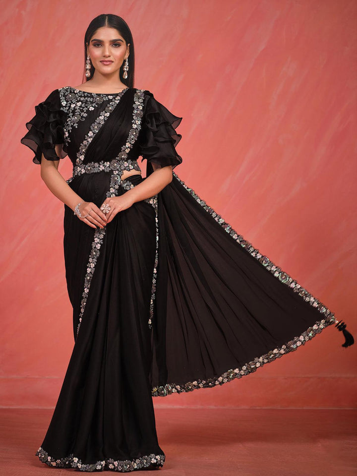 Designer Wear Black Embroidered And Moti Work Silk Saree - VJV Now