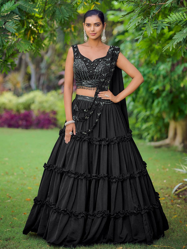 Designer Wear Black Embroidered Crop Top Lehenga Choli - VJV Now