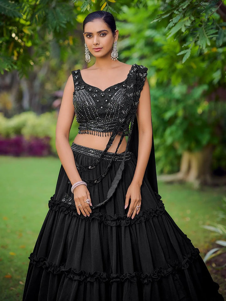 Designer Wear Black Embroidered Crop Top Lehenga Choli - VJV Now