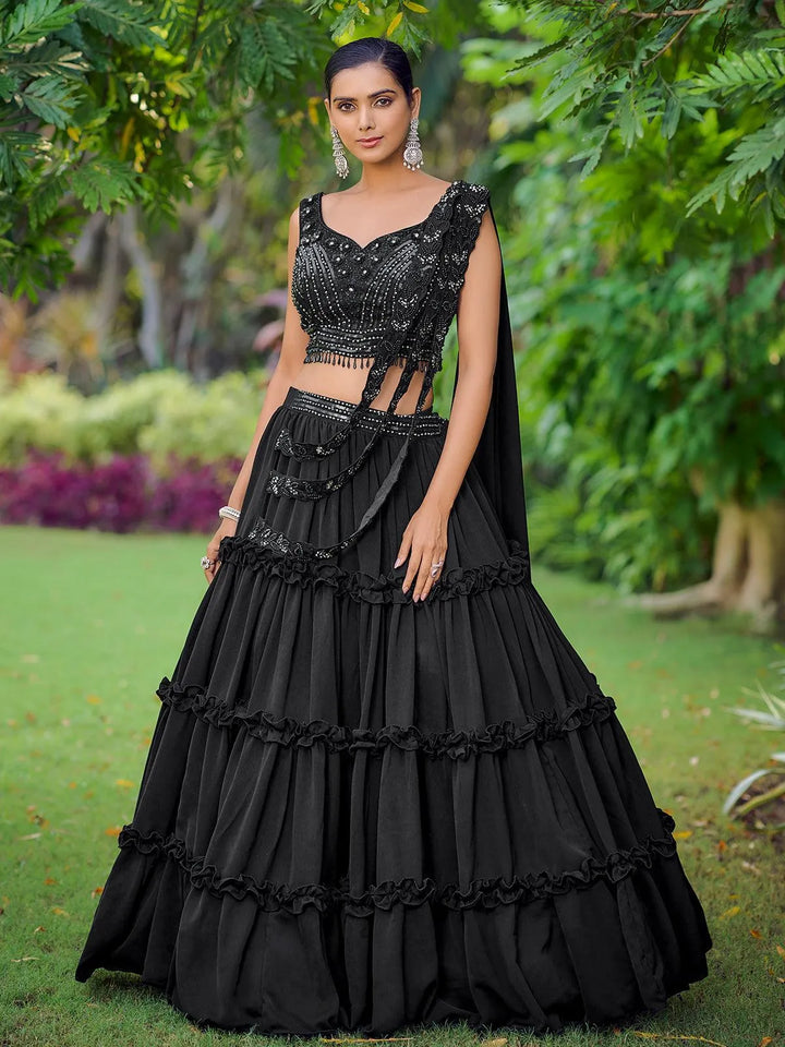 Designer Wear Black Embroidered Crop Top Lehenga Choli - VJV Now