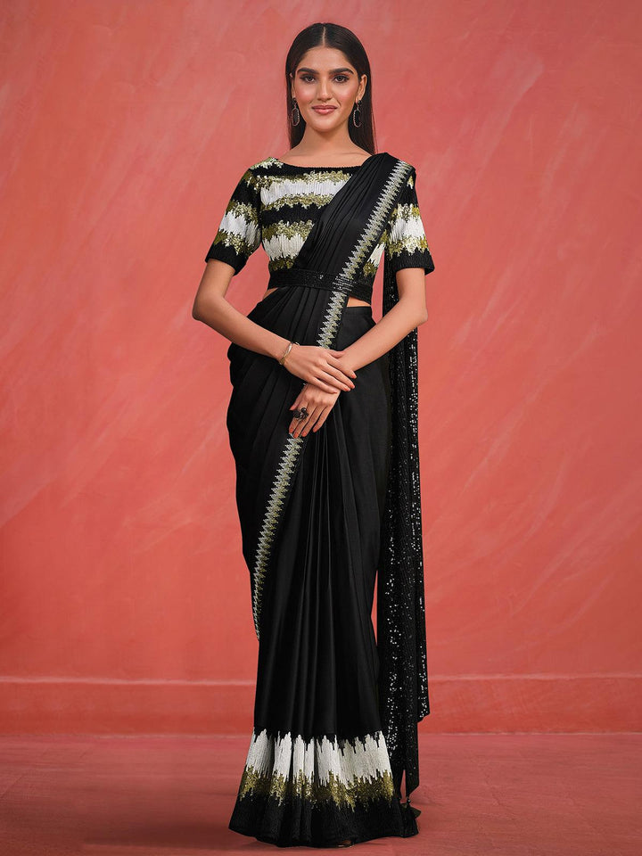 Designer Wear Black Sequence And Embroidered Work Silk Saree - VJV Now