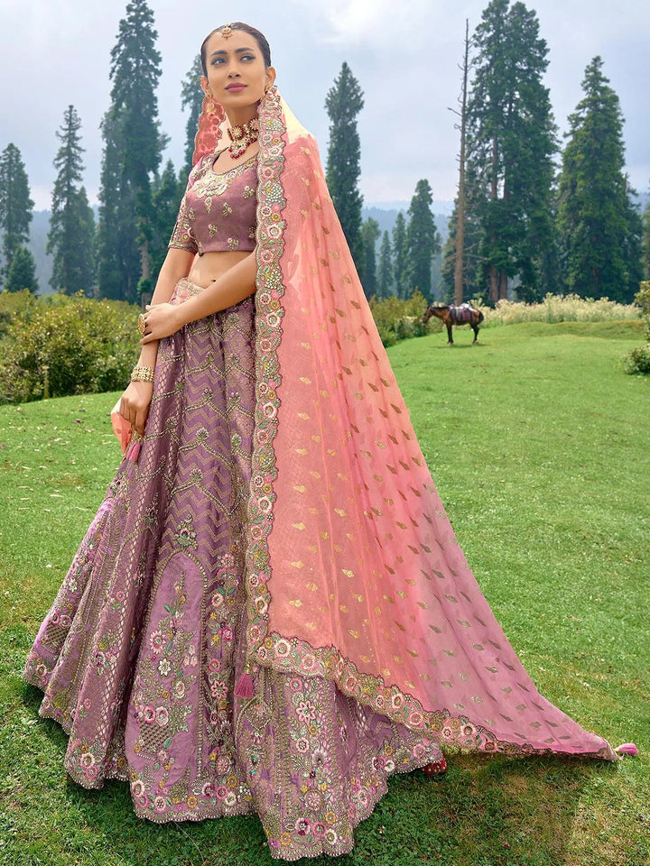 Designer Wear Dusty Pink Benarasi Silk Art Embroidered and Sequins Work Umberalla Lehenga Choli - VJV Now