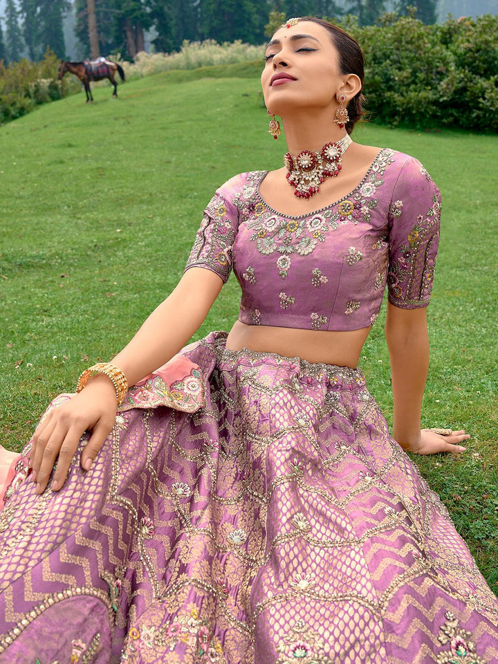 Designer Wear Dusty Pink Benarasi Silk Art Embroidered and Sequins Work Umberalla Lehenga Choli - VJV Now