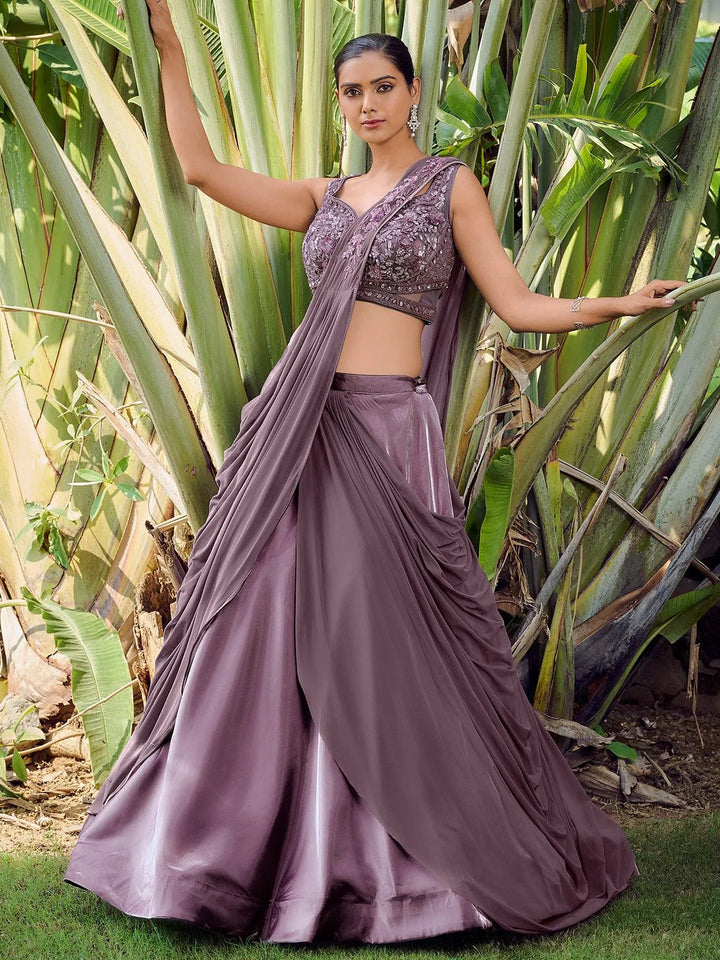 Designer Wear Dusty Pink Embroidered Crop Top Lehenga Choli - VJV Now