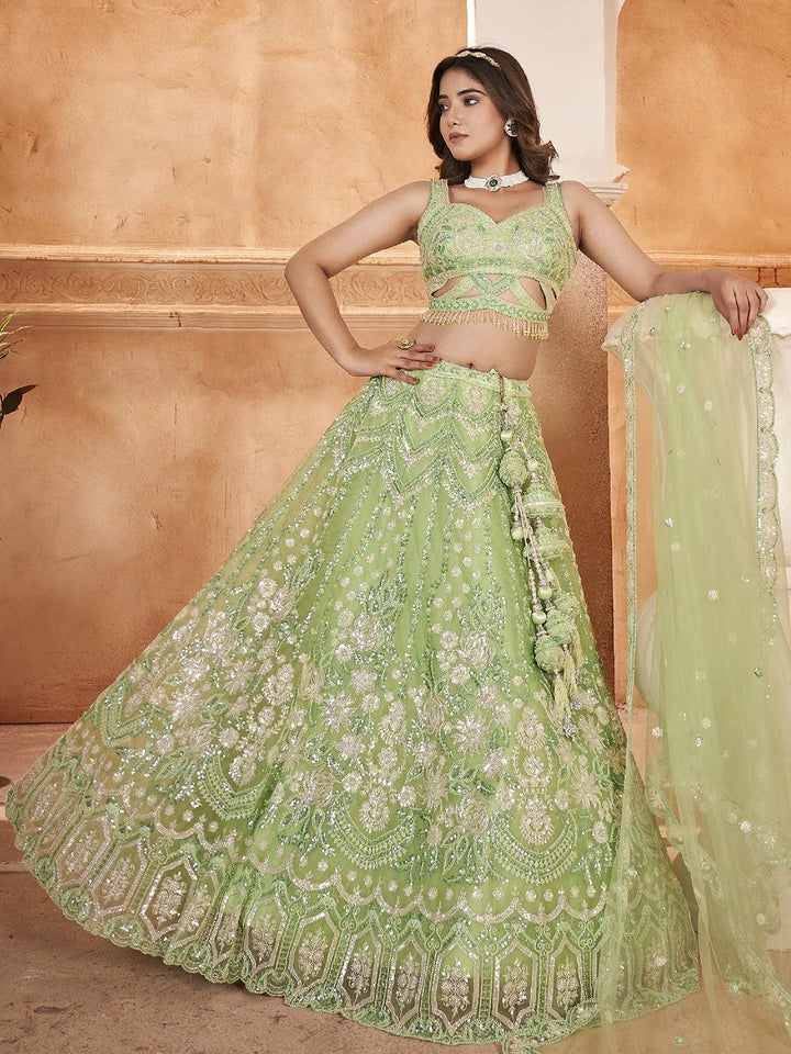 Designer Wear Green Net Embroidered Work Umbrella Lehenga Coli - VJV Now