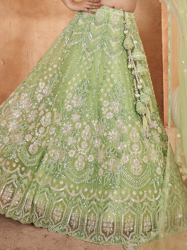 Designer Wear Green Net Embroidered Work Umbrella Lehenga Coli - VJV Now