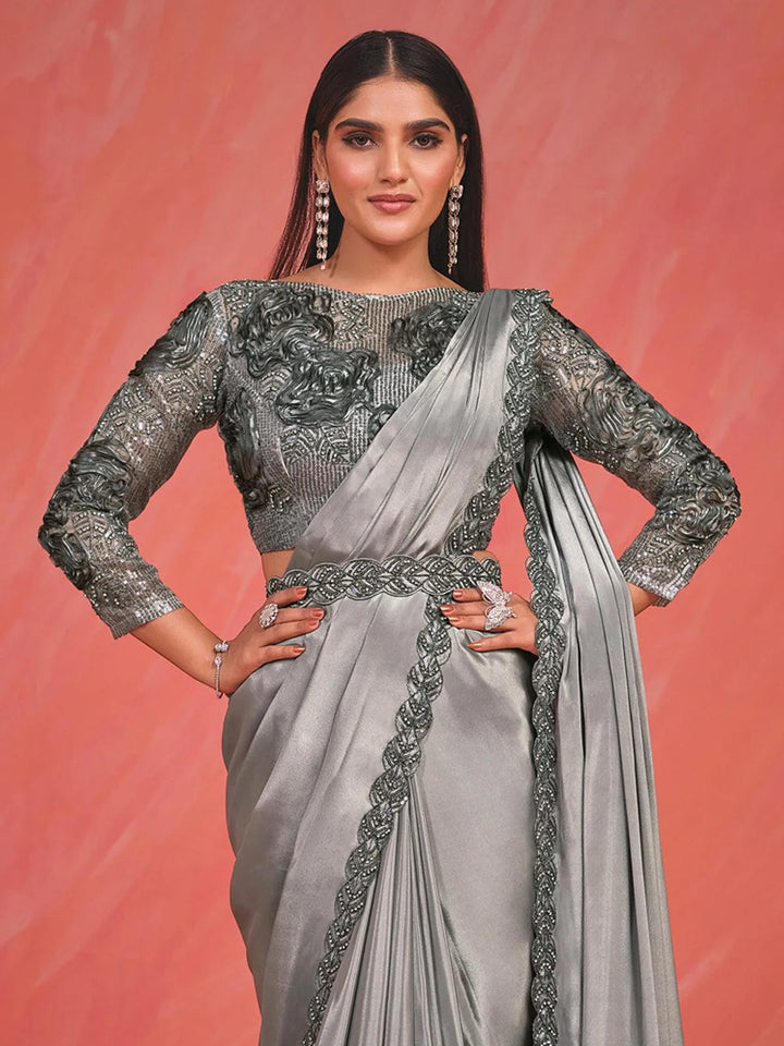 Designer Wear Grey Sequence And Stone Work Silk Saree - VJV Now