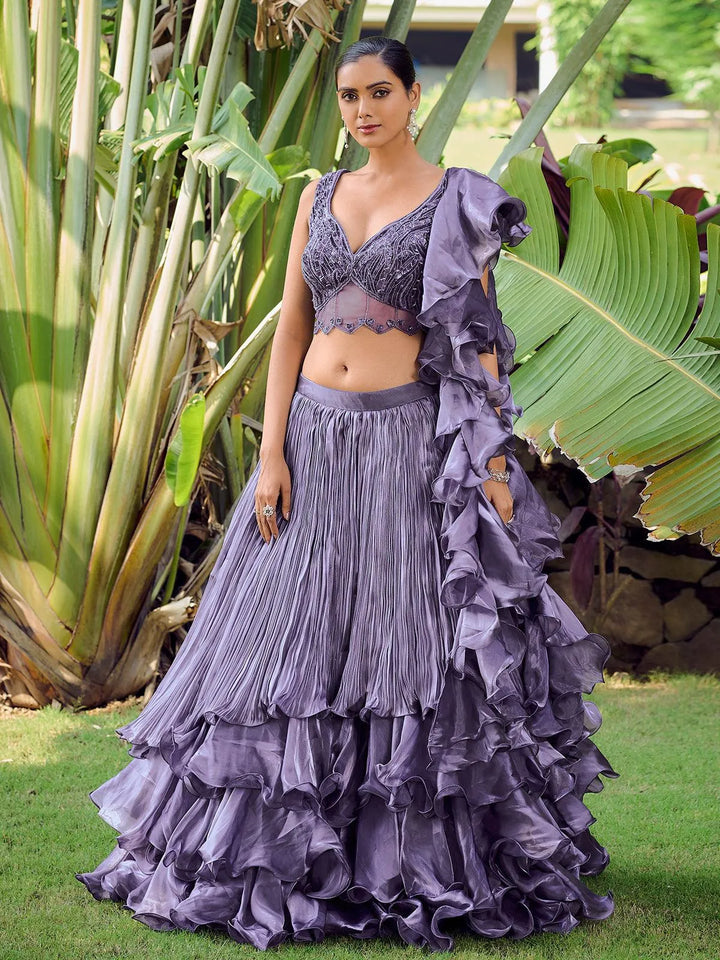 Designer Wear Lavender Embroidered Crop Top Lehenga Choli - VJV Now