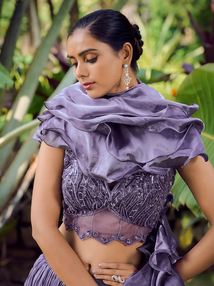 Designer Wear Lavender Embroidered Crop Top Lehenga Choli - VJV Now