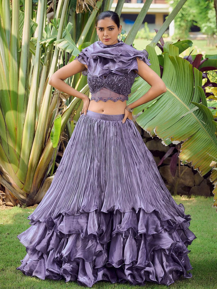 Designer Wear Lavender Embroidered Crop Top Lehenga Choli - VJV Now