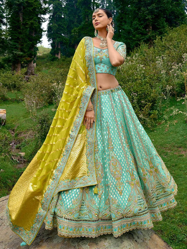 Designer Wear Mint Benarasi Silk Art Embroidered and Sequins Work Umberalla Lehenga Choli - VJV Now