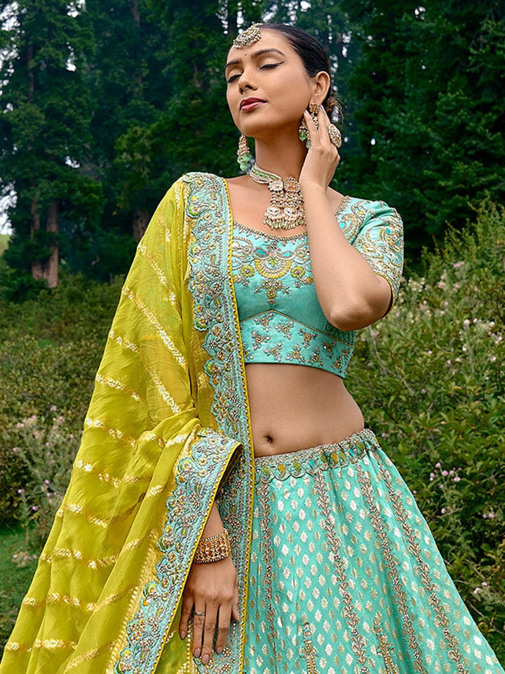 Designer Wear Mint Benarasi Silk Art Embroidered and Sequins Work Umberalla Lehenga Choli - VJV Now