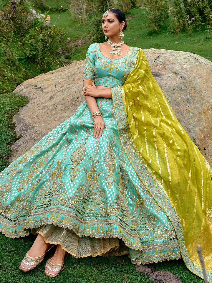 Designer Wear Mint Benarasi Silk Art Embroidered and Sequins Work Umberalla Lehenga Choli - VJV Now