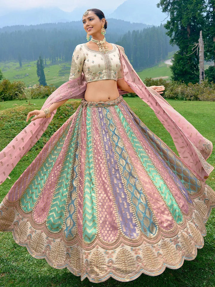 Designer Wear Multi Color Benarasi Silk Art Embroidered and Sequins Work Umberalla Lehenga Choli - VJV Now