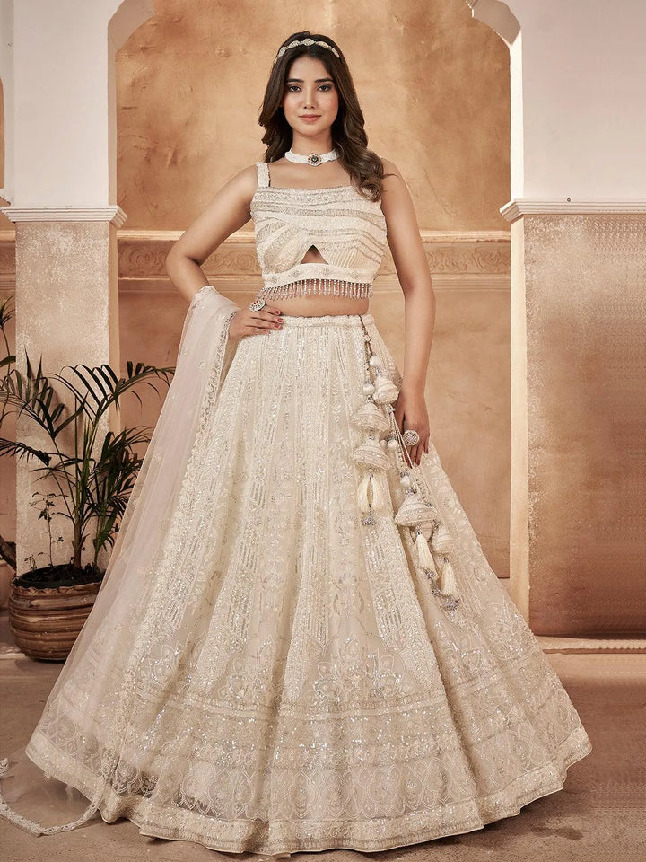 Designer Wear Off White Embroidered Work Umbrella Lehenga Coli - VJV Now