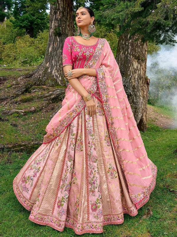 Designer Wear Pink Benarasi Silk Art Embroidered and Sequins Work Umberalla Lehenga Choli - VJV Now