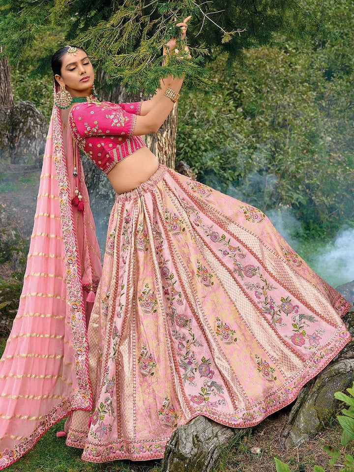 Designer Wear Pink Benarasi Silk Art Embroidered and Sequins Work Umberalla Lehenga Choli - VJV Now