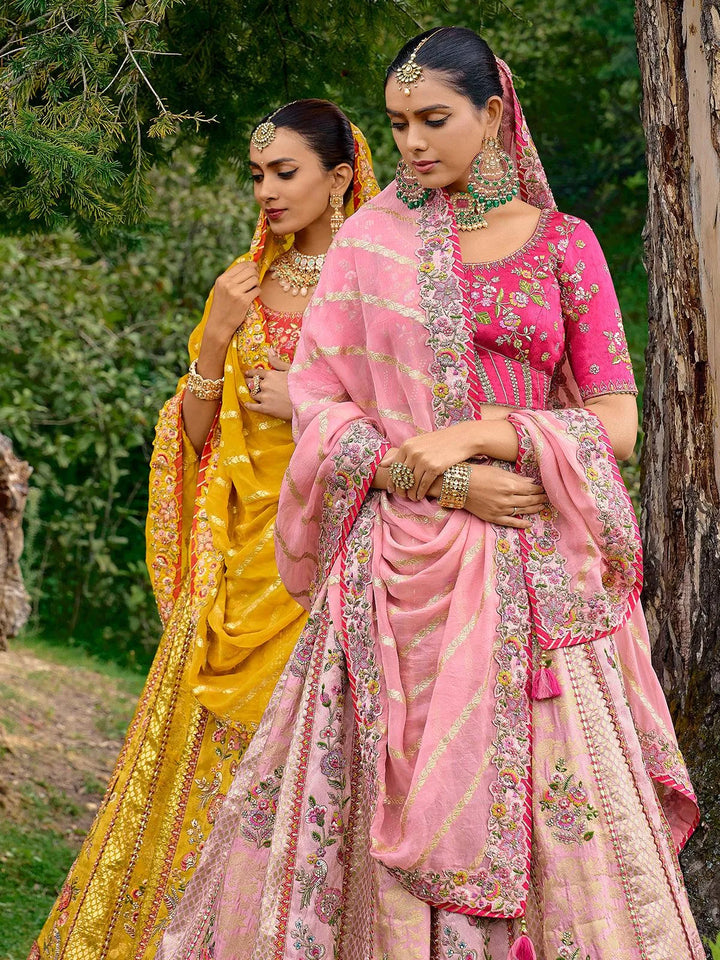 Designer Wear Pink Benarasi Silk Art Embroidered and Sequins Work Umberalla Lehenga Choli - VJV Now