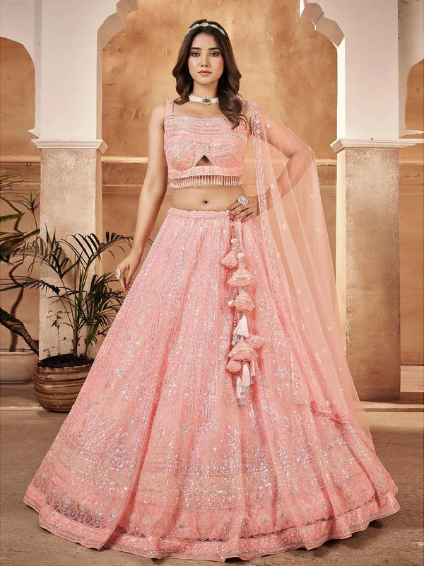 Designer Wear Pink Net Embroidered Work Umbrella Lehenga Coli - VJV Now