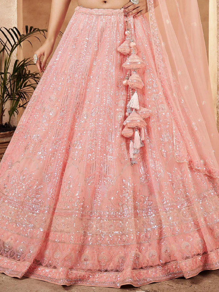 Designer Wear Pink Net Embroidered Work Umbrella Lehenga Coli - VJV Now