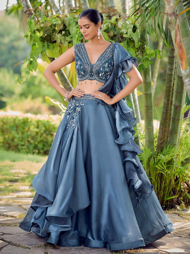 Designer Wear Sea Blue Embroidered Crop Top Lehenga Choli - VJV Now