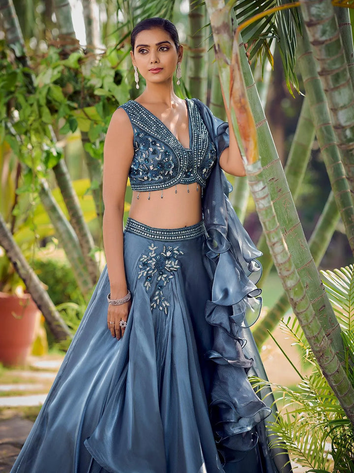 Designer Wear Sea Blue Embroidered Crop Top Lehenga Choli - VJV Now