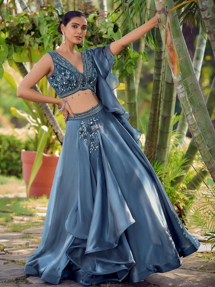 Designer Wear Sea Blue Embroidered Crop Top Lehenga Choli - VJV Now